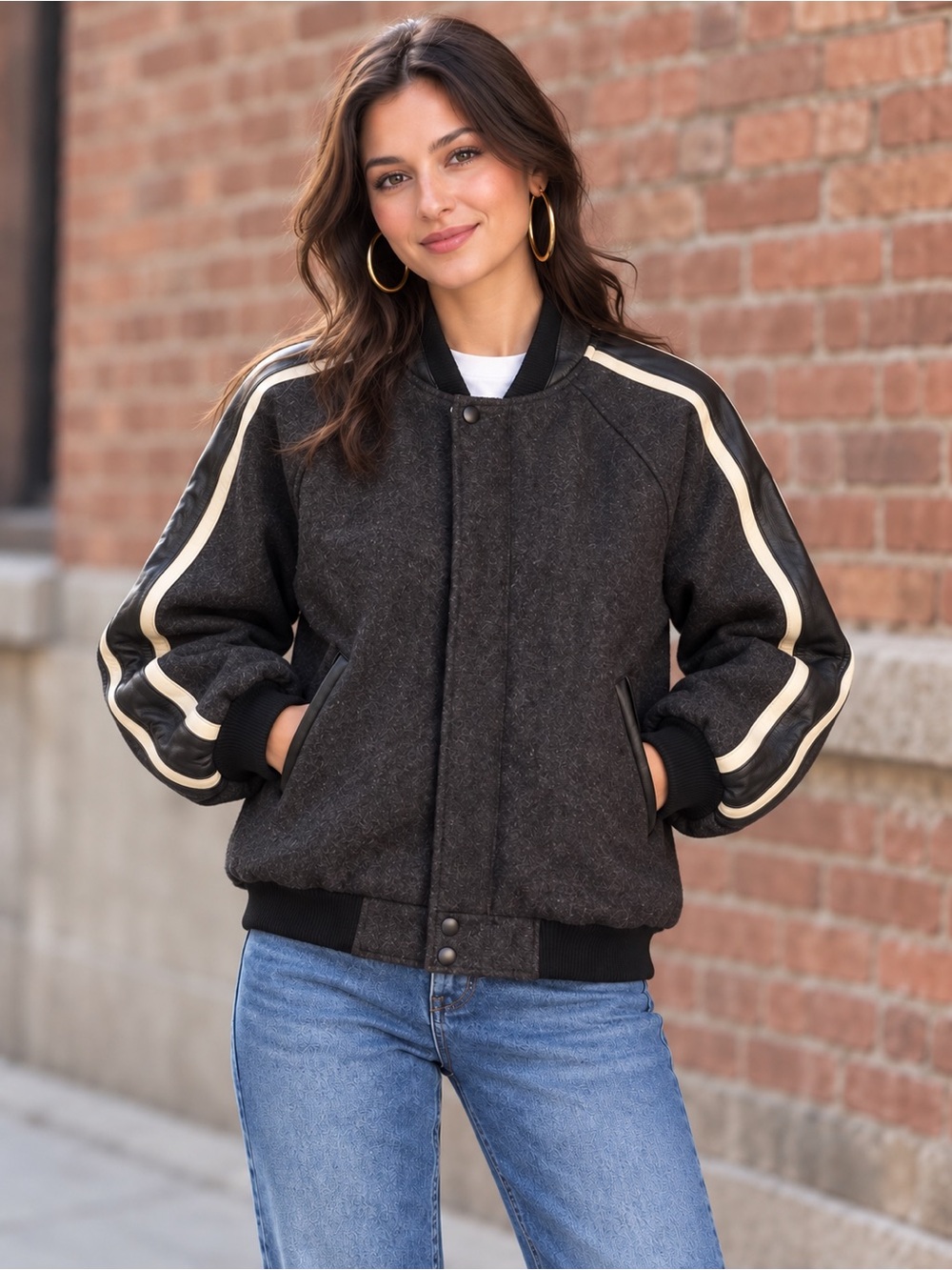 Vintage Collegiate Charcoal Wool Leather Trim Varsity Bomber Small